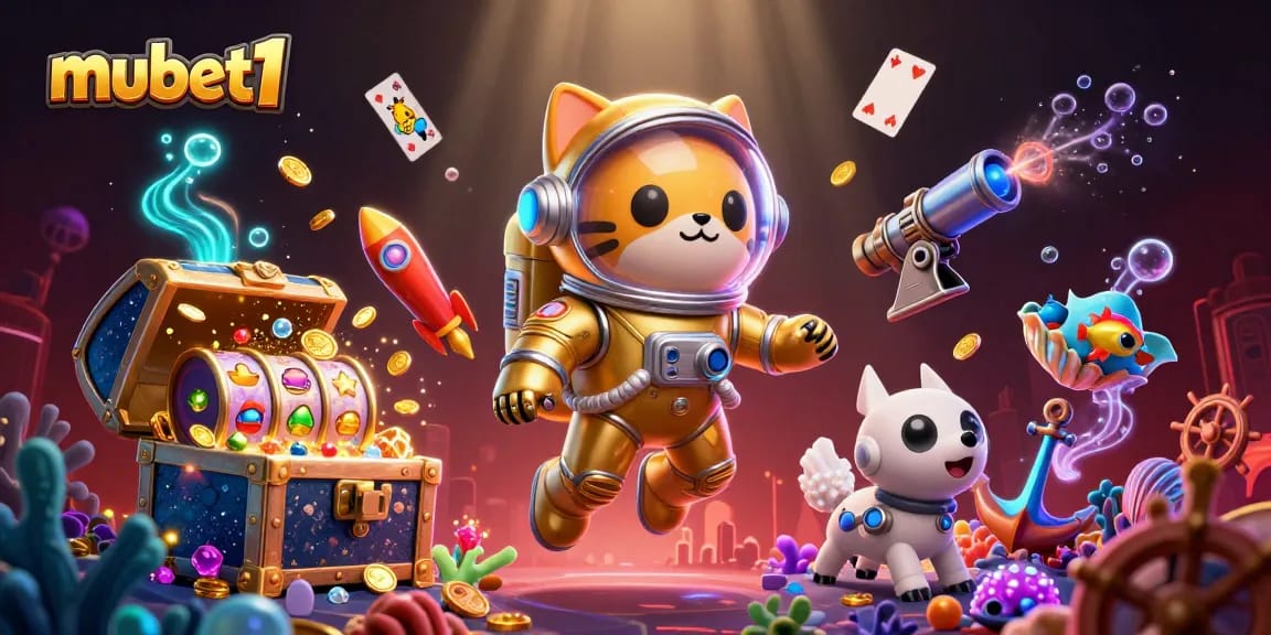 Mubet1 spins the wheel of fortune in a vibrant casino-themed scene with a golden-slot machine backdrop.