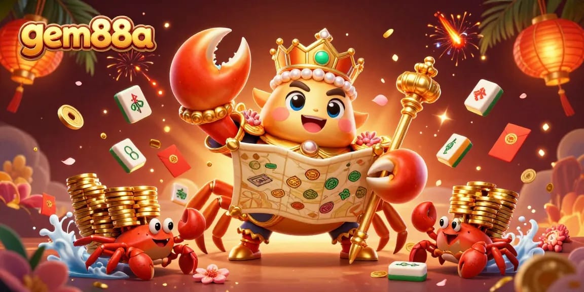 Experience thrilling gameplay with gem88a's vibrant casino atmosphere in a 3D illustration of a golden crab.