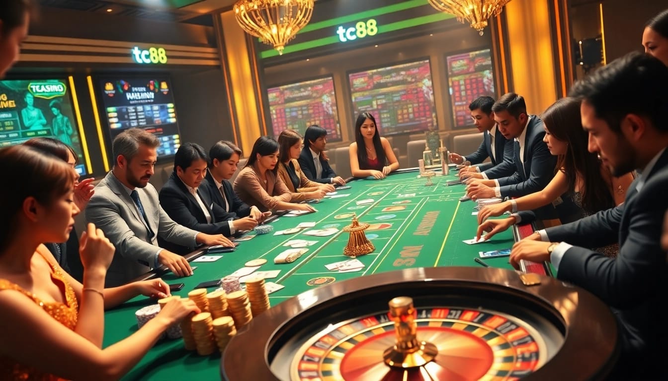 Experience the excitement of gaming at TG88 with vibrant poker chips and a roulette wheel.