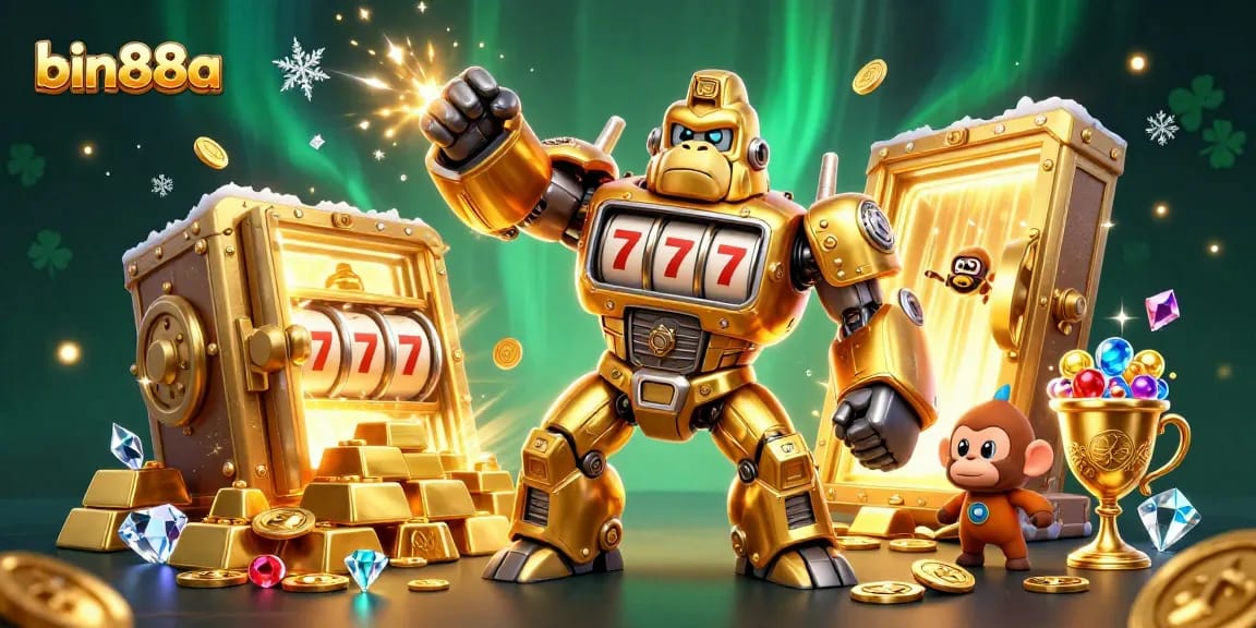 Bin88a showcases a dynamic 3D illustration of a golden gorilla mech slot machine, embodying the excitement of gambling.