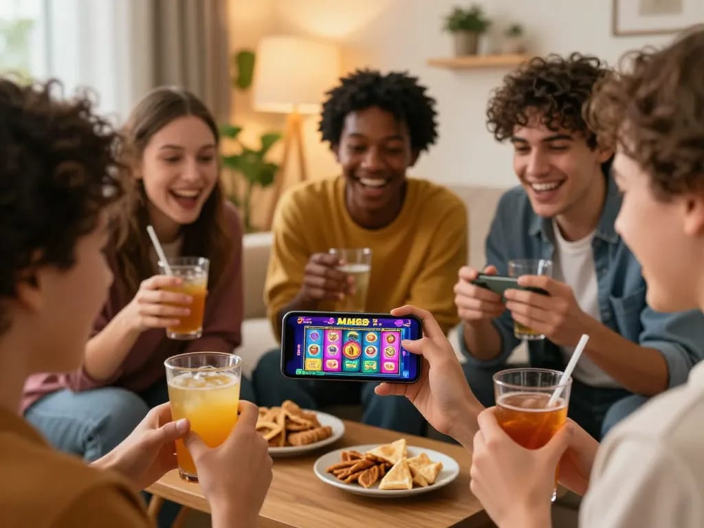 Excited friends using the MM88 tải APP for mobile gaming in a cozy living room setting.