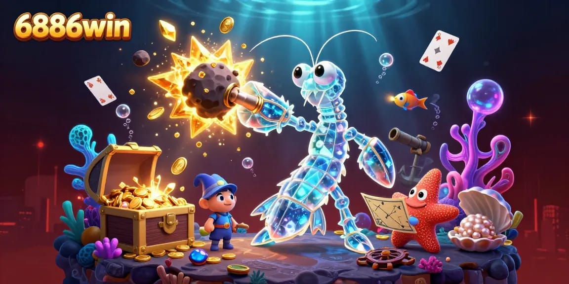6886win's galactic samurai shrimp battles through asteroids, winning treasure in an immersive online casino scene.
