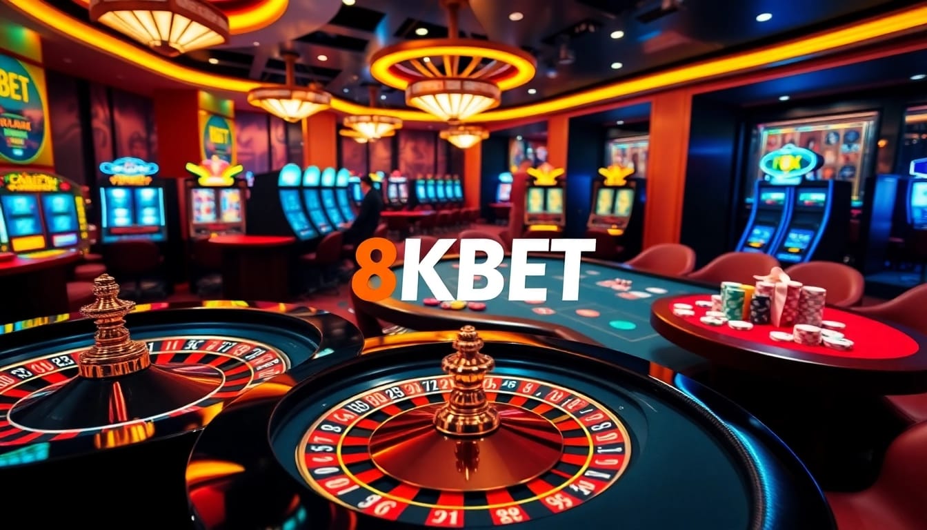 A thrilling scene of online gambling at 8KBET casino with roulette and professional dealers.