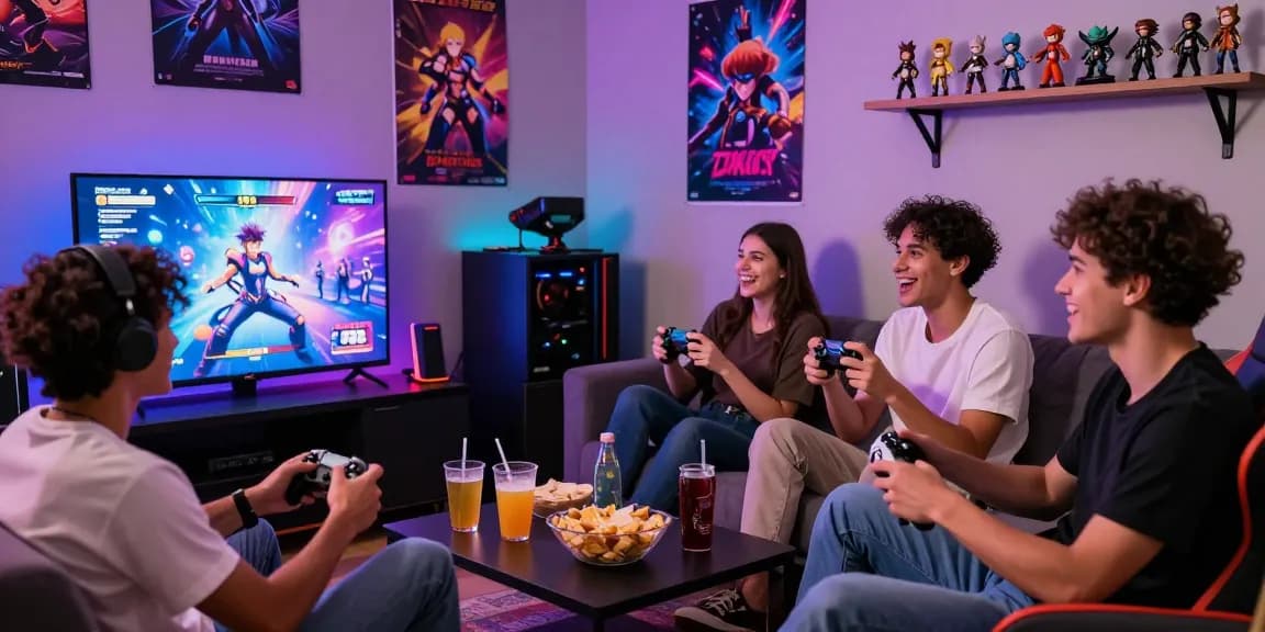 Group enjoying real hentai games together in a vibrant gaming lounge setup.