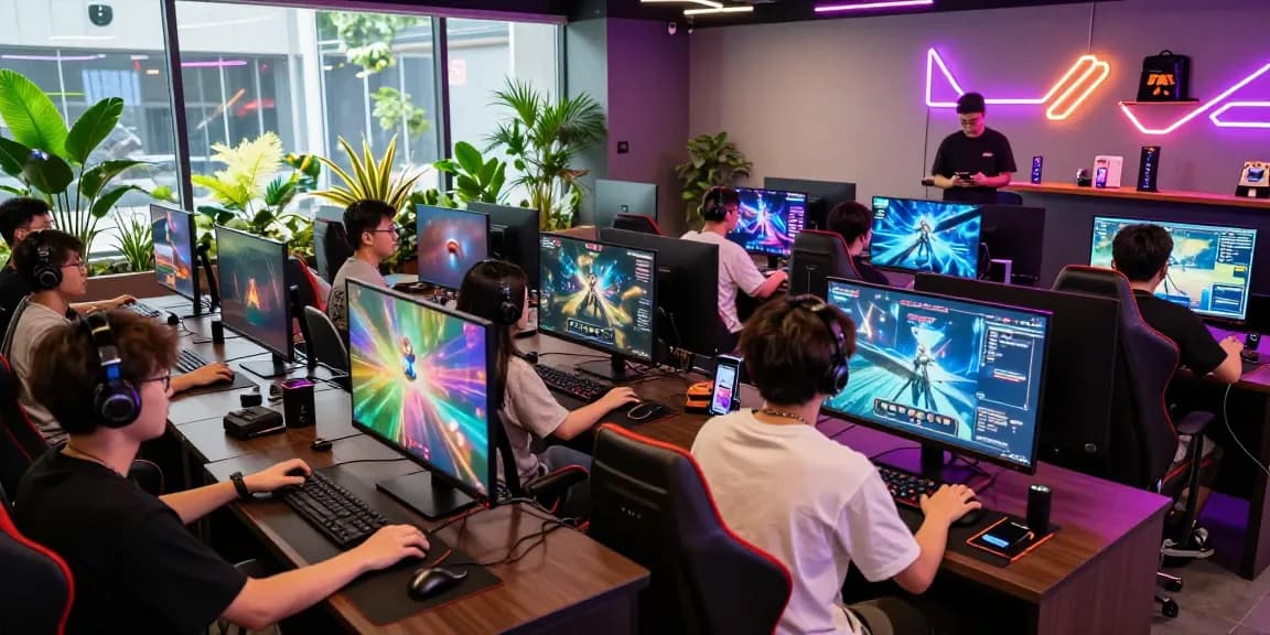 Enjoying vibrant iwin gaming experience in a modern lounge full of excitement and digital displays
