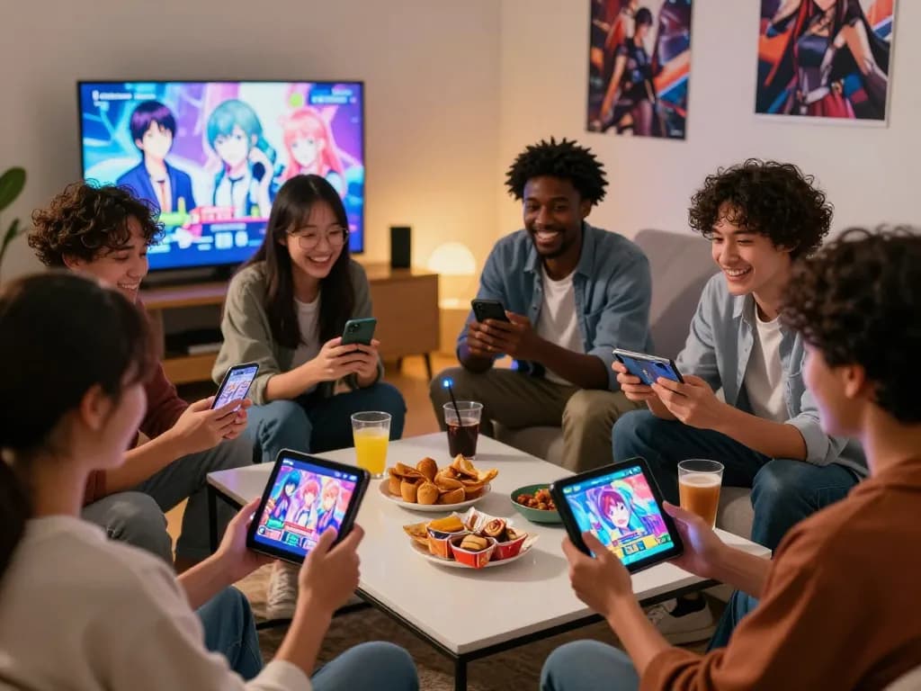 Group of friends playing engaging hentai game on devices, enjoying vibrant graphics and sharing laughter.