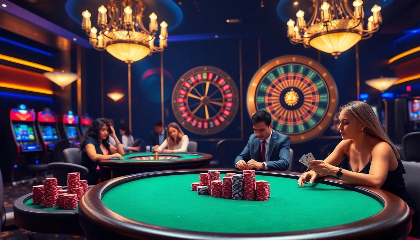 Engaging scene of players in a casino relevant to CM88, showcasing poker chips, tables, and roulette excitement.