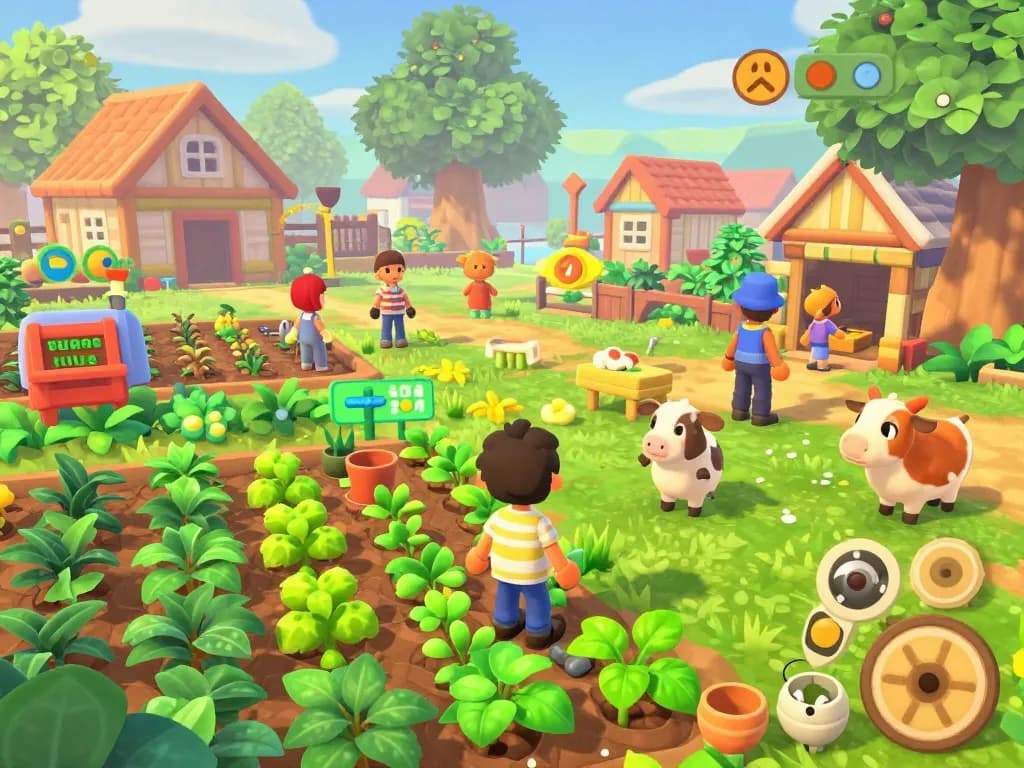 Engaging gaming landscape from https://1gom.farm/ showcasing vibrant crops, cute animals, and a friendly farming character.