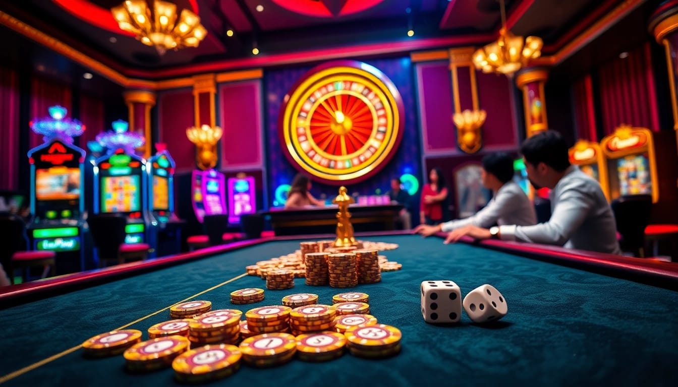KP88 offers an exciting casino experience with players at a deluxe poker table surrounded by vibrant slot machines.