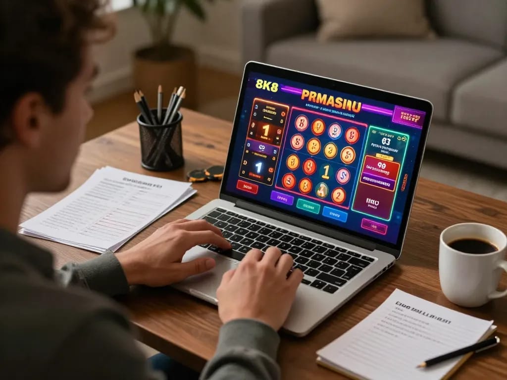 Player engaging in online gaming with 8K8 on a laptop in a cozy home setting.