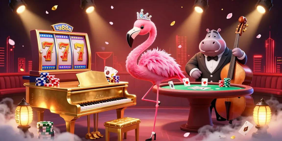 Experience the excitement of va88a with vibrant slot reels and charming characters in a colorful casino scene.