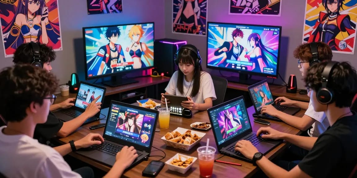 Engaged group enjoying free hentai games on multiple devices, vibrant gaming setup.