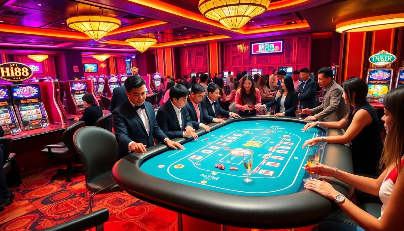 Players enjoying a thrilling game at Hi88 casino with vibrant tables and slot machines.