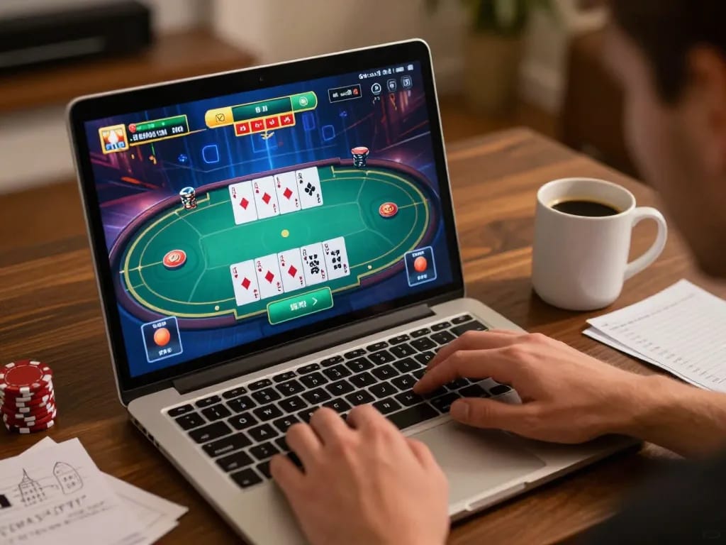 PHPVIP online player enjoying a dynamic poker game on a laptop in a cozy home setting