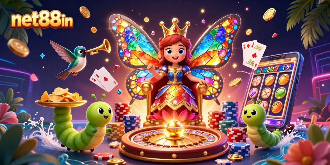 Spin the reels at net88in with a vibrant casino scene featuring a butterfly queen and sparkling slot elements.
