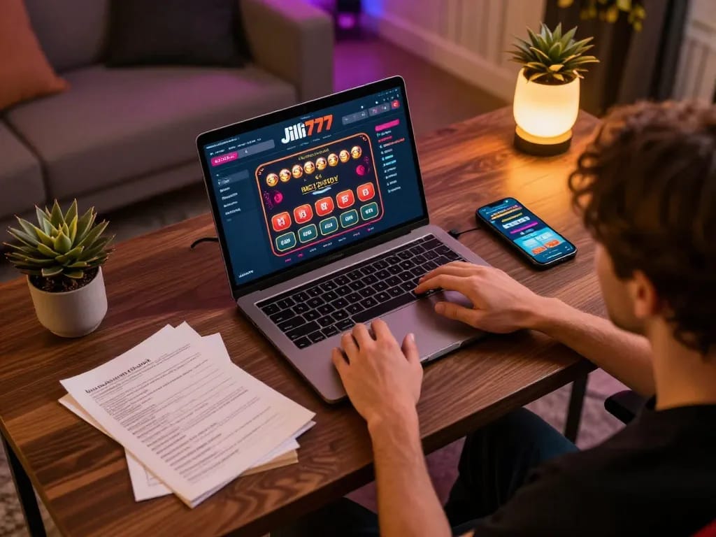 Player engaging with Jili777 online casino while analyzing strategies and betting options