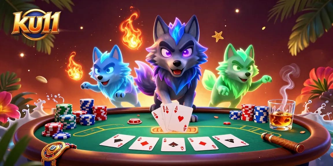 Experience thrilling poker action at ku11 with glowing wolves and vibrant chips.