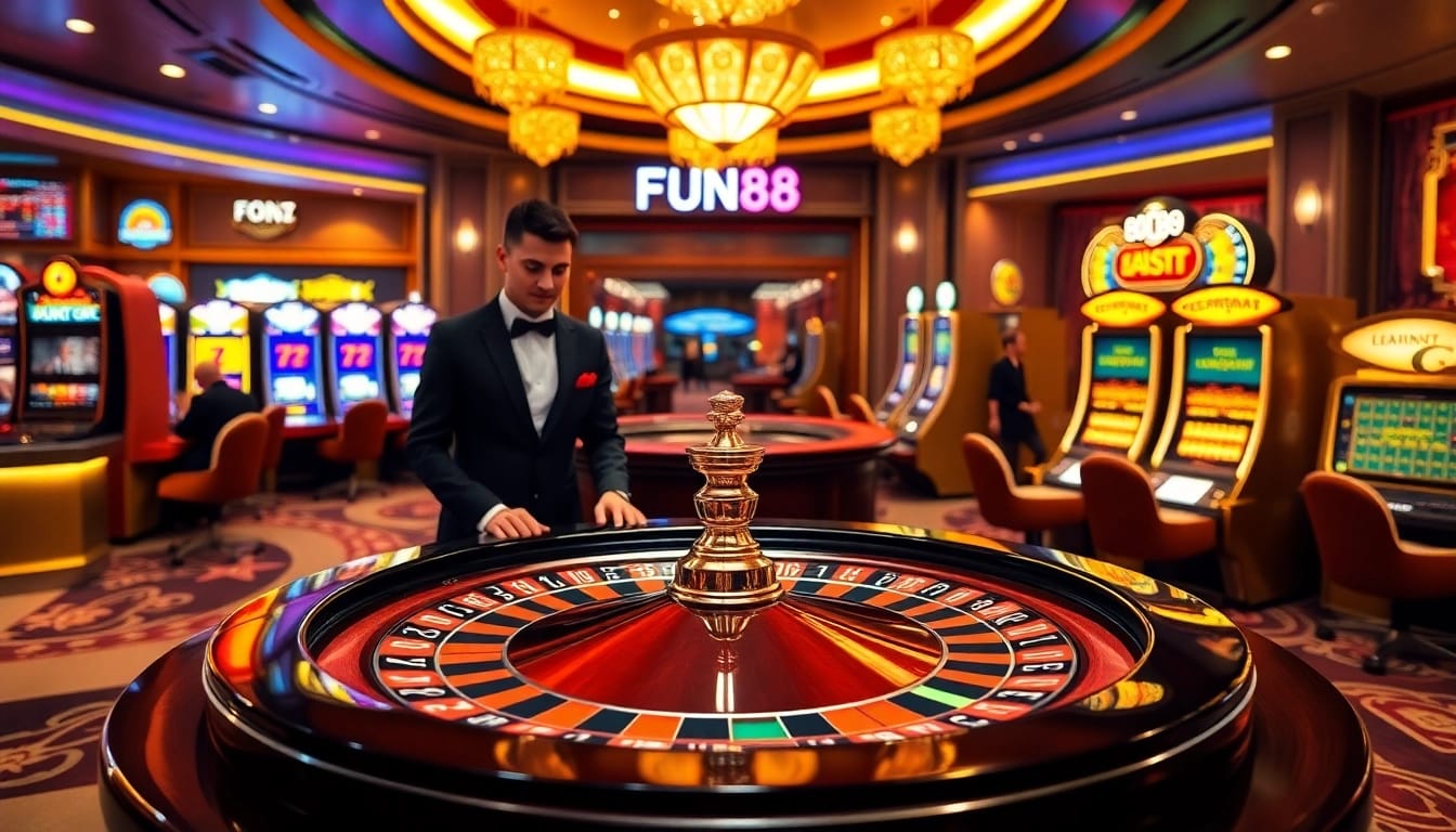 Engaging casino scene depicting players enjoying FUN88 đăng nhập at roulette and slot machines.