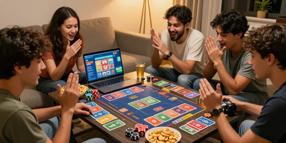 Permainan 68 game bài di ruang tamu, sekelompok teman bersenang-senang dengan kartu dan makanan ringan.