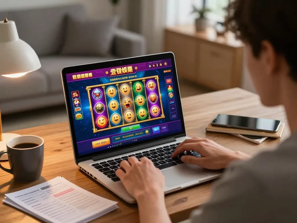 Player enjoying slot games at 壹發娛樂 online casino on a laptop, showcasing a cozy gaming environment.