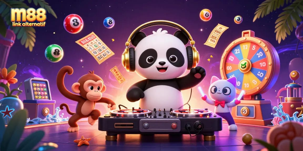 Experience vibrant fun at M88 link alternatif with a delightful DJ panda, dancing monkey, and rave kitten.
