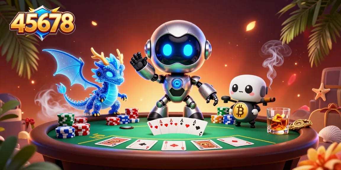 Engage with thrilling poker action featuring 45678's cyberpunk robot hero, chips, and elite casino atmosphere.