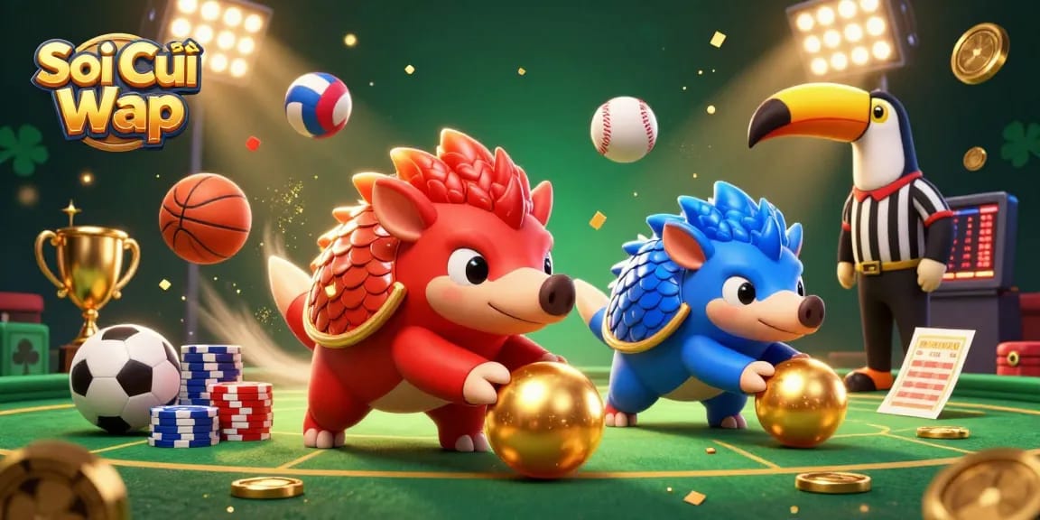 Soi Cầu Wap sports betting pangolins in a 3D casino scene, rolling poker chips and flying sports balls.