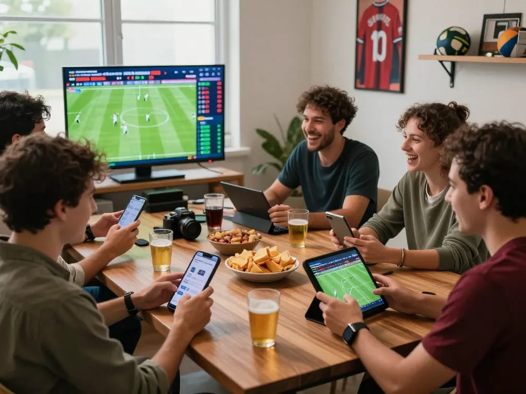 Soi kèo nhà cái in a lively sports betting atmosphere with friends analyzing matches and odds.
