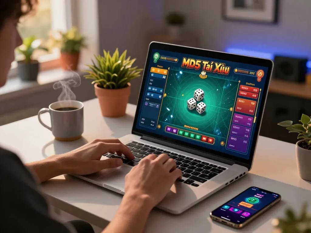 Player immersed in a game of md5 tài xỉu on a laptop at home, showcasing vibrant graphics and betting options.