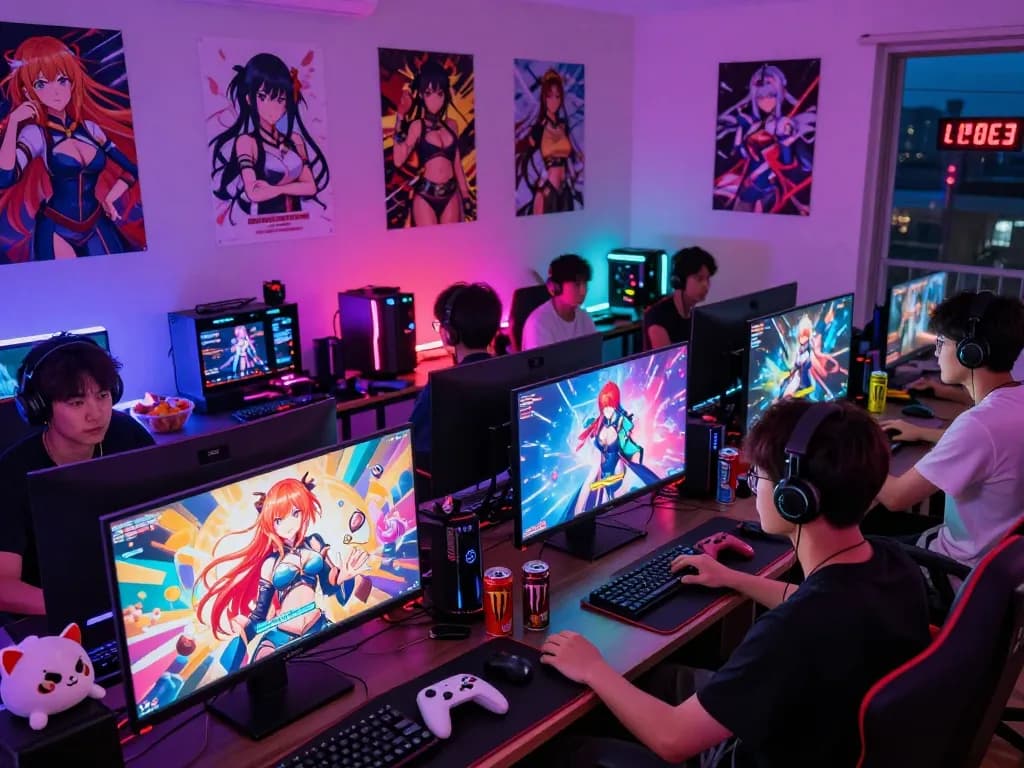 Friends playing engaging hentai games in a vibrant gaming room with colorful graphics and lively atmosphere.