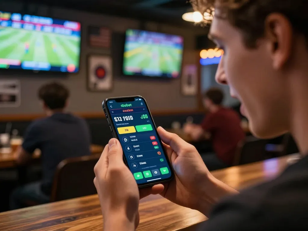 Excited user placing bets on sbobet app during a live sports event at a vibrant sports bar