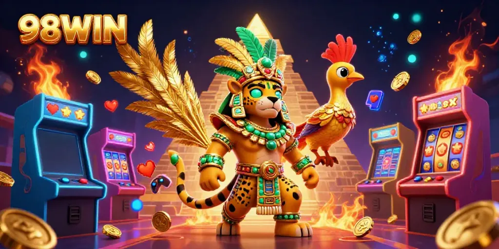Engage with the enchanting world of 98WIN, featuring a Mayan jaguar priest amidst dynamic casino elements and vibrant game visuals.