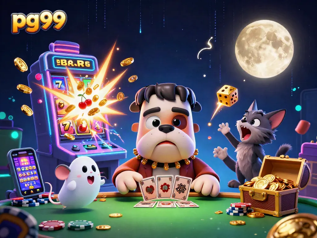 Engage with pg99 casino excitement as a Frankenstein bulldog deals winning cards amidst vibrant gambling action.
