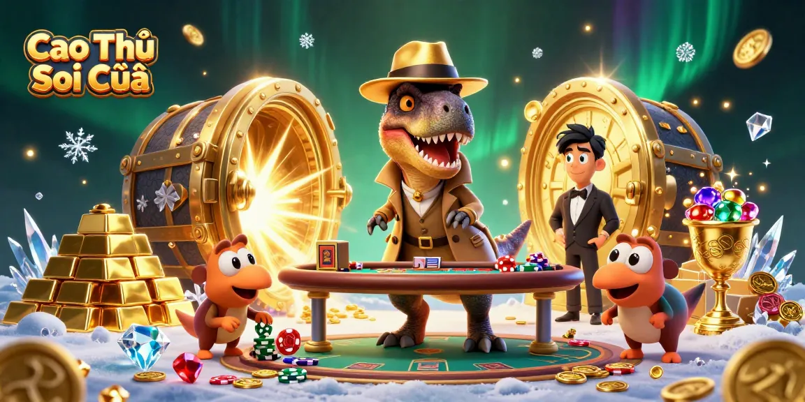 Cao Thủ Soi Cầu showcases a cartoon velociraptor card counter in a casino scene, emphasizing gambling excitement.