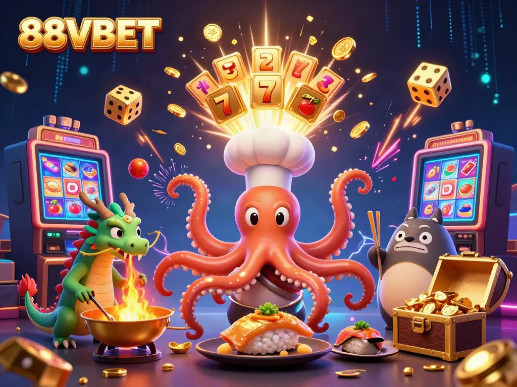 Experience thrilling gaming action at 88VBET with a vibrant casino scene featuring colorful characters and elements.