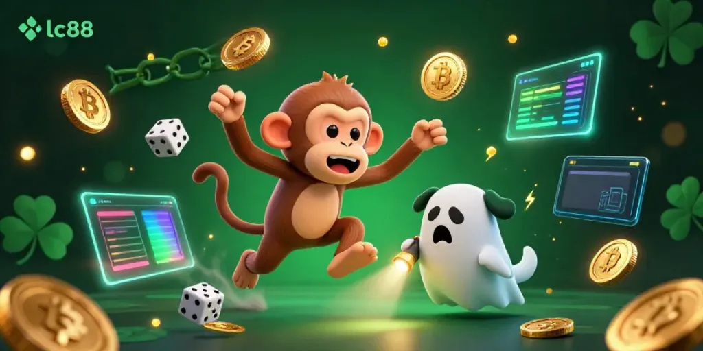 Engage in thrilling gameplay at lc88 with a haunted casino scene showing a playful monkey juggling golden coins.