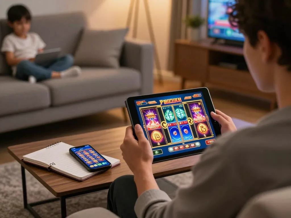 Bong88viva player enjoying online slots from home while tracking strategies, creating a cozy gaming atmosphere.