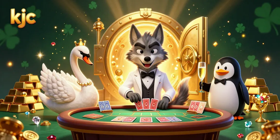 Experience thrilling baccarat at KJC with a debonair wolf and elegant characters in a dazzling casino.