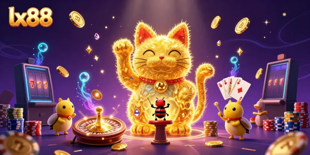 Experience the charm of lx88 with a dynamic illustration of a lucky cat surrounded by casino symbols and treasures.