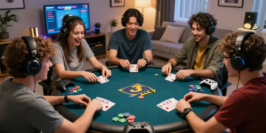 Exciting friends playing 3 Patti no1 in a vibrant gaming setting.