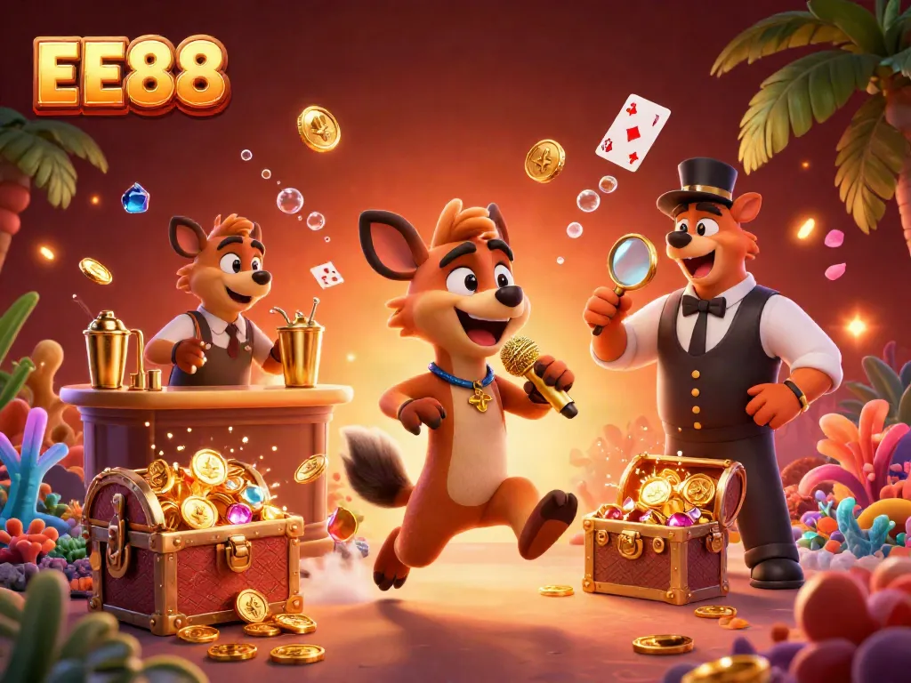 EE88 hyenas perform comedy at a lively casino, mixing drinks, and checking IDs in a vibrant underwater setting.