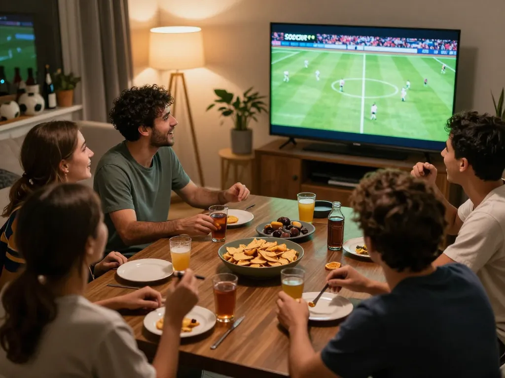 Socolive viewers cheering and enjoying a live soccer game surrounded by snacks in a cozy home atmosphere.