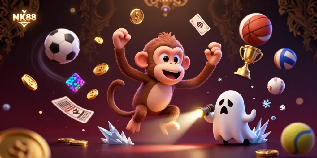 Engage with NK88's thrilling casino experience as a mischievous poltergeist monkey juggles gold and sports elements.