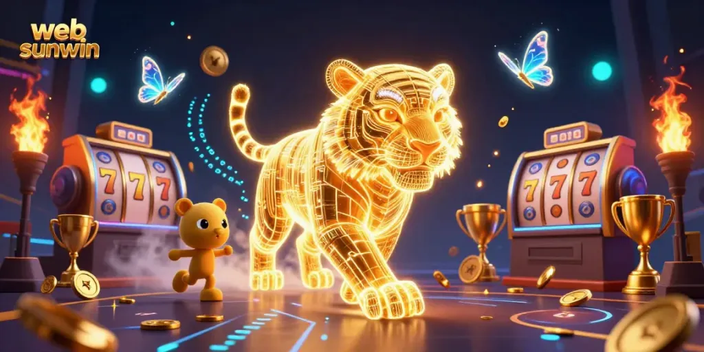 Engage with web sunwin in a vibrant digital casino scene featuring a neon tiger and dynamic gaming elements.