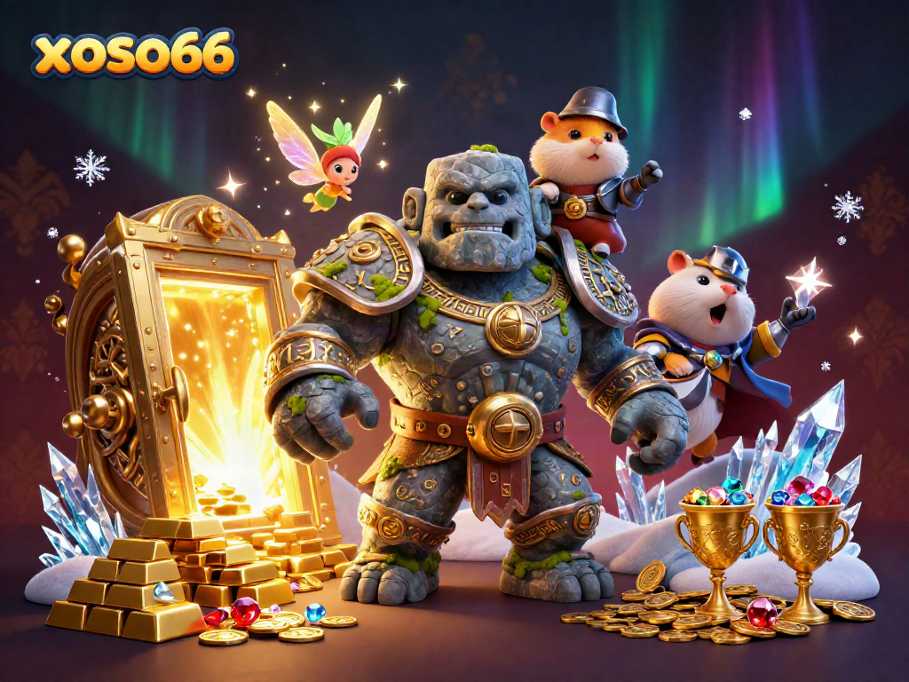 Experience the magic of xoso66 with an enchanted scene of a golem, fairy, and hamster knight guarding treasures.