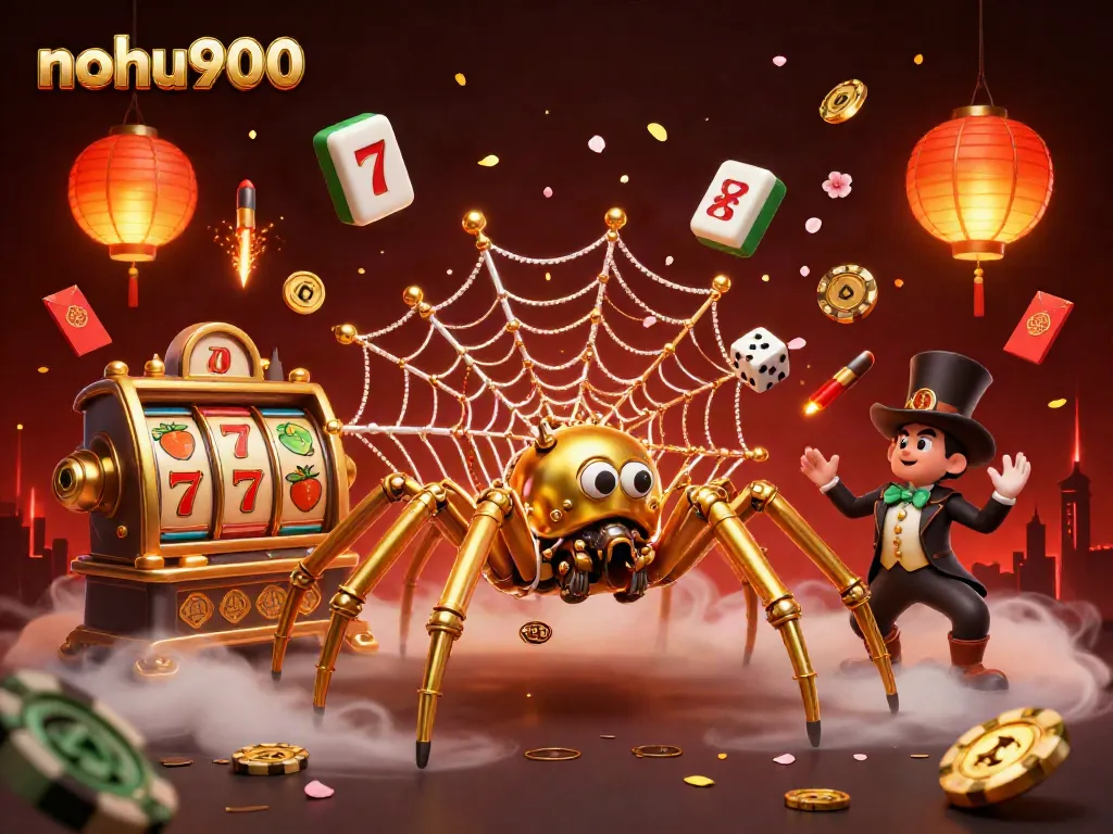 Experience thrilling gaming action with a vibrant nohu900 scene of a steampunk spider and a fly gentleman amidst slots and lucky symbols.