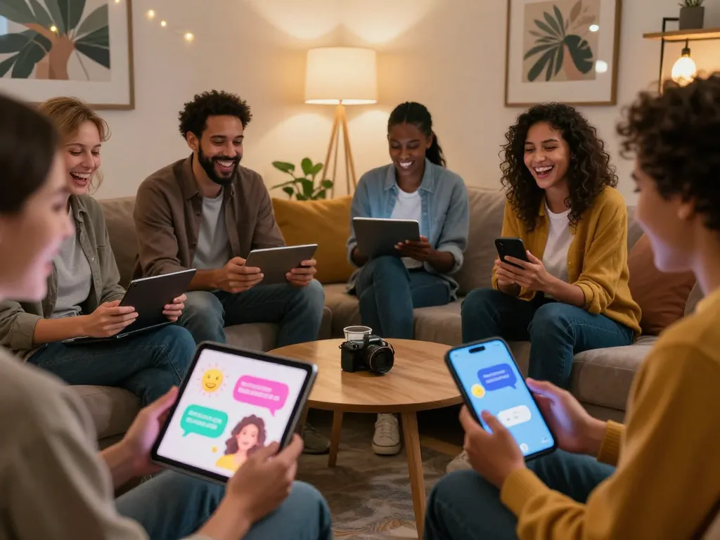 Engaging adults enjoying ai nsfw chat experience in a cozy digital lounge with vibrant avatars.