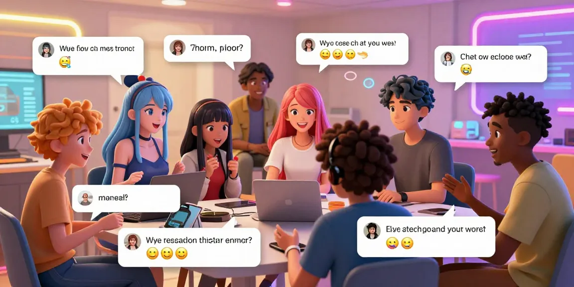 AI ecchi chat with diverse animated characters interacting playfully in a vibrant digital space.
