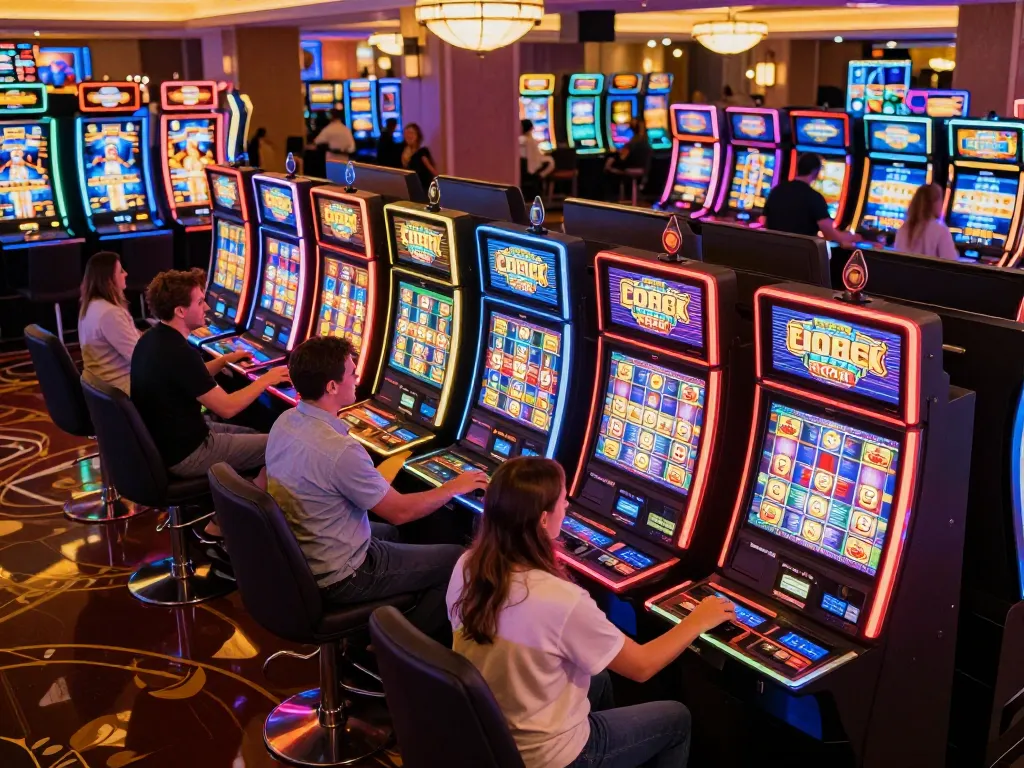 Players enjoying vibrant slot machines at net88 casino, immersed in thrilling gaming experience