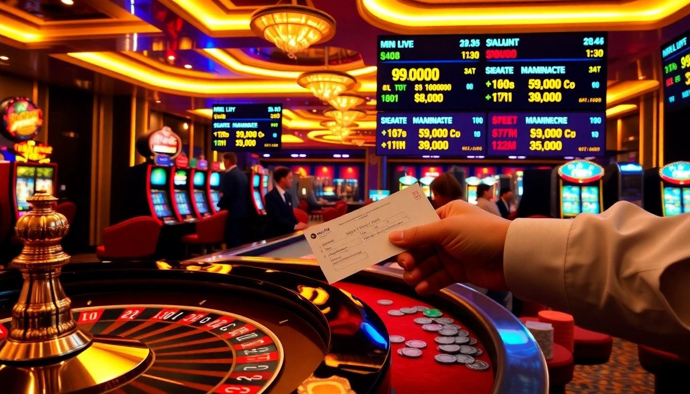 Placing a bet on a 99WIN slip at a vibrant casino table with roulette wheel and slot machines.